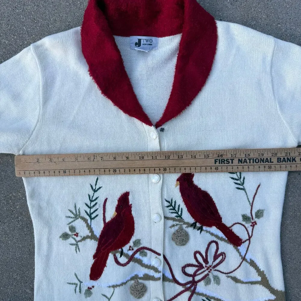 Vintage 90s JTWO Christmas Cardinals Winter Cardigan Sweater Red Collar LARGE